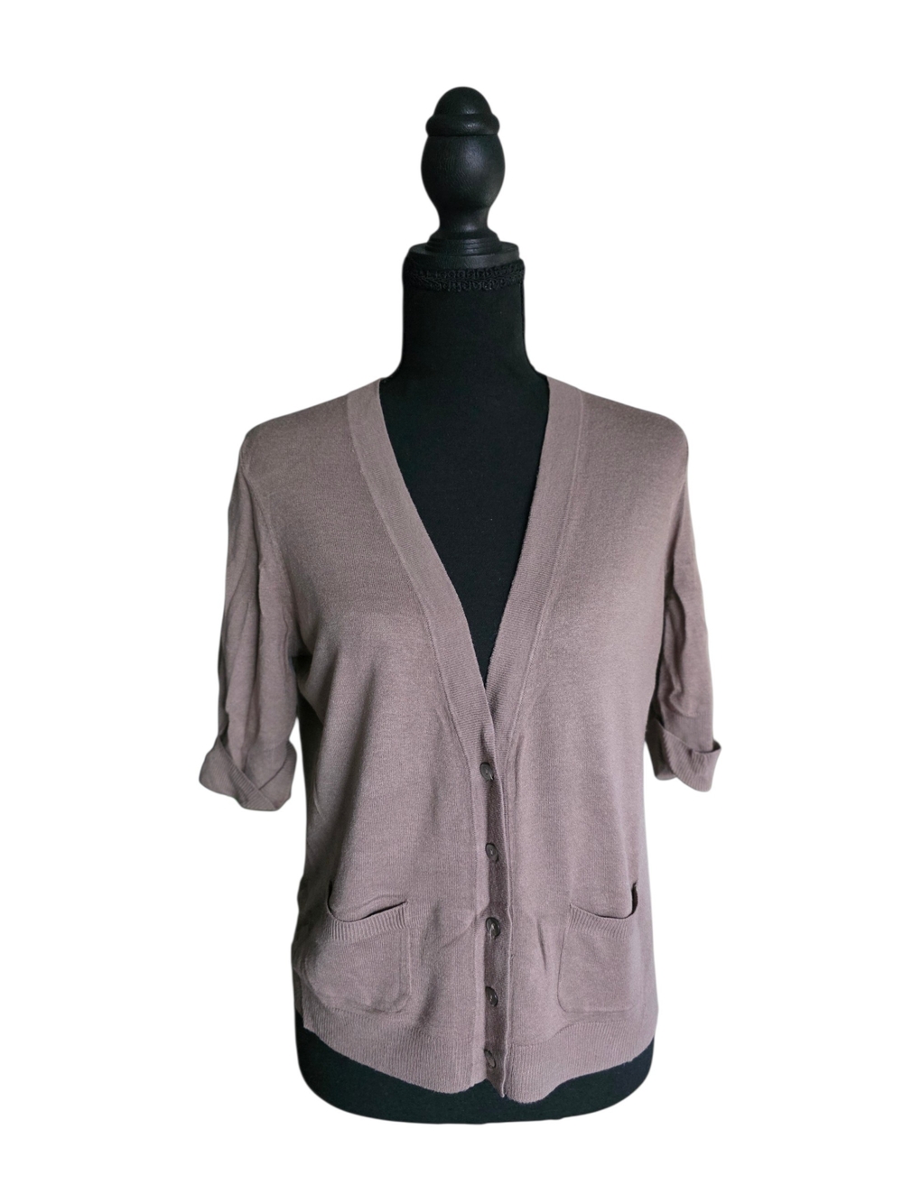 Ann Taylor Taupe Short-Sleeve Button Front Cardigan